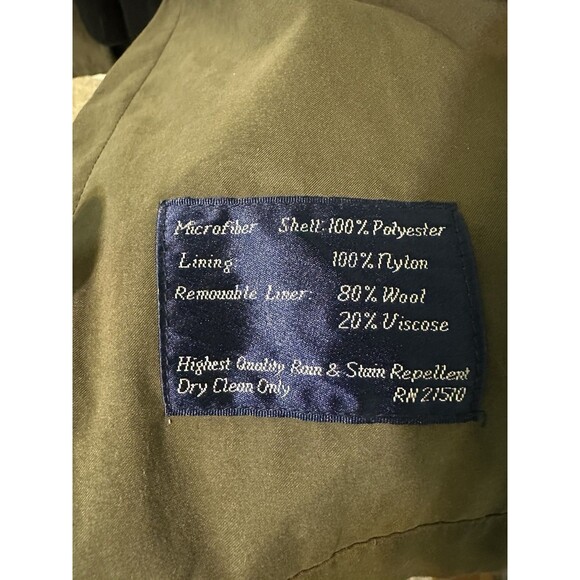 Perusal Trench Coat 46L Green Belted Classic Double Breasted Collared Wool Liner - Picture 15 of 16